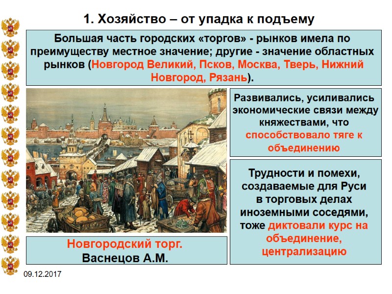 09.12.2017 1. Хозяйство – от упадка к подъему Большая часть городских «торгов» - рынков